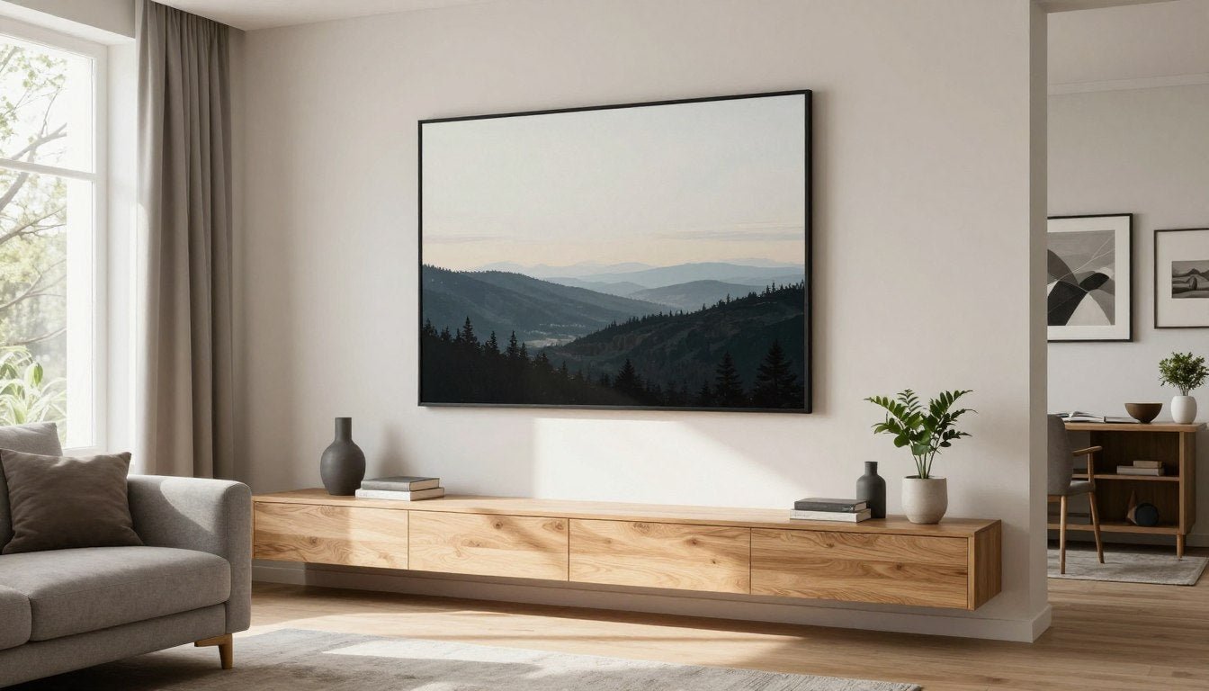Modernes Wohnzimmer mit Leinwanddruck mit Rahmen über dem Sofa