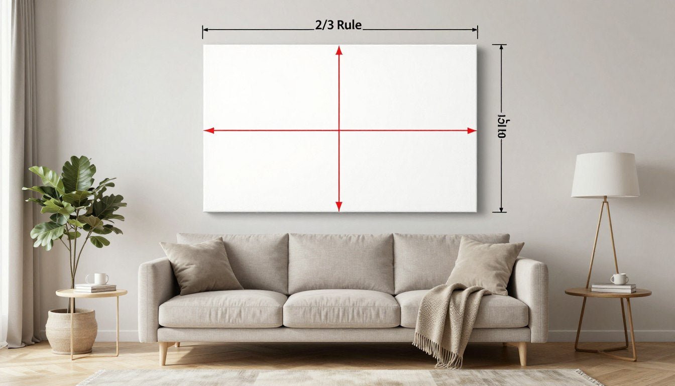 Infografik zur 2/3-Regel bei der Leinwandgrößenwahl mit Beispiel über einem Sofa