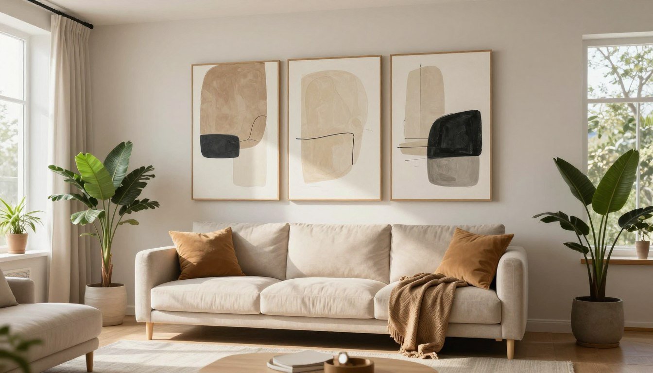 Lienzos decorativos modernos en salón luminoso con sofá beige y plantas