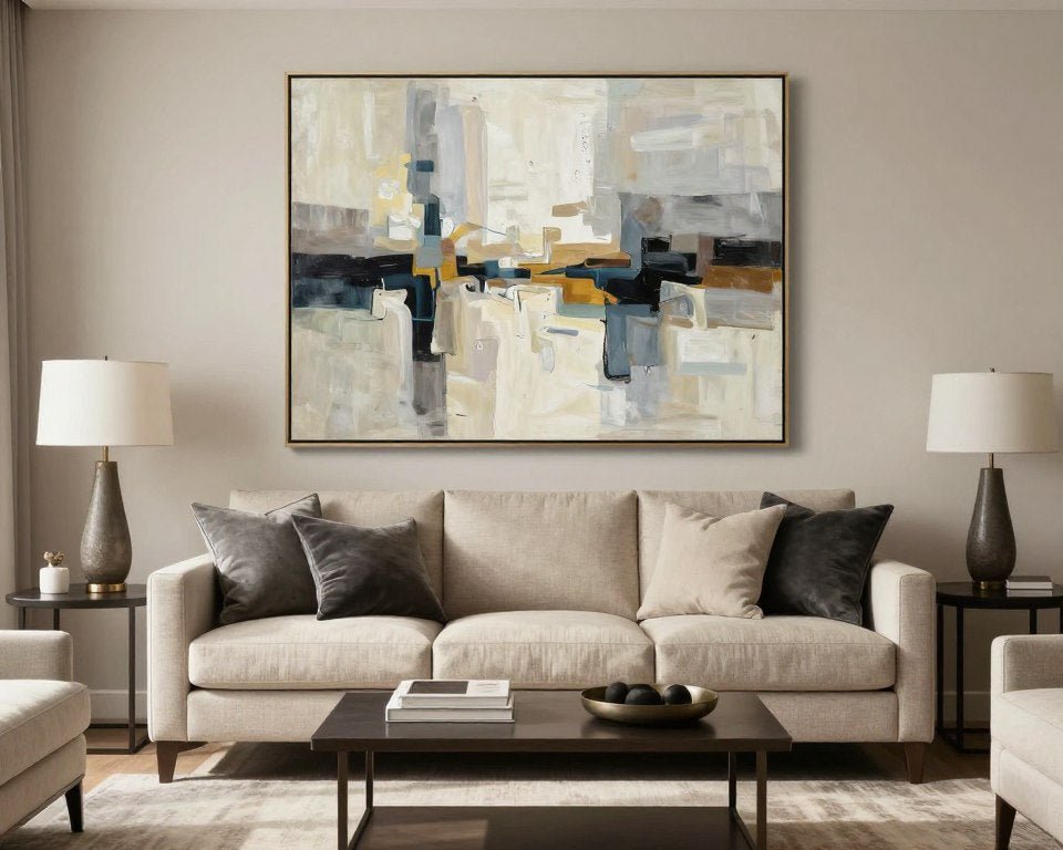 living room canvas wall art in a modern neutral room
