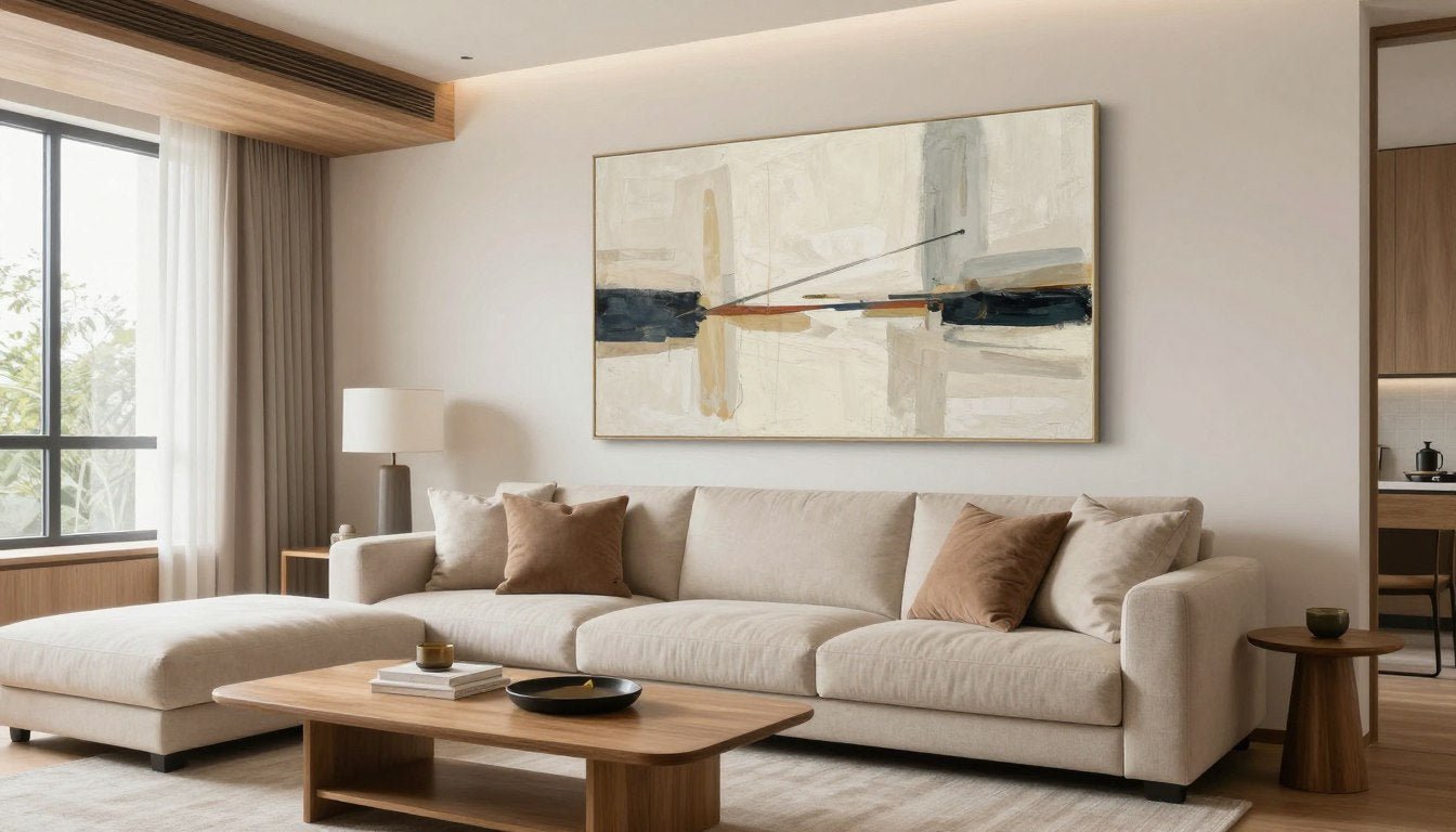 Modern living room with canvas art above sofa, neutral tones with warm lighting