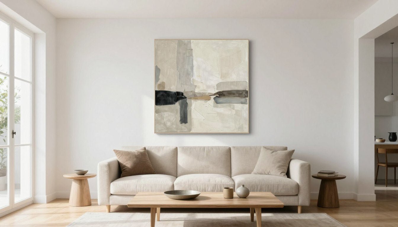bright modern living room with large abstract canvas art above neutral sofa