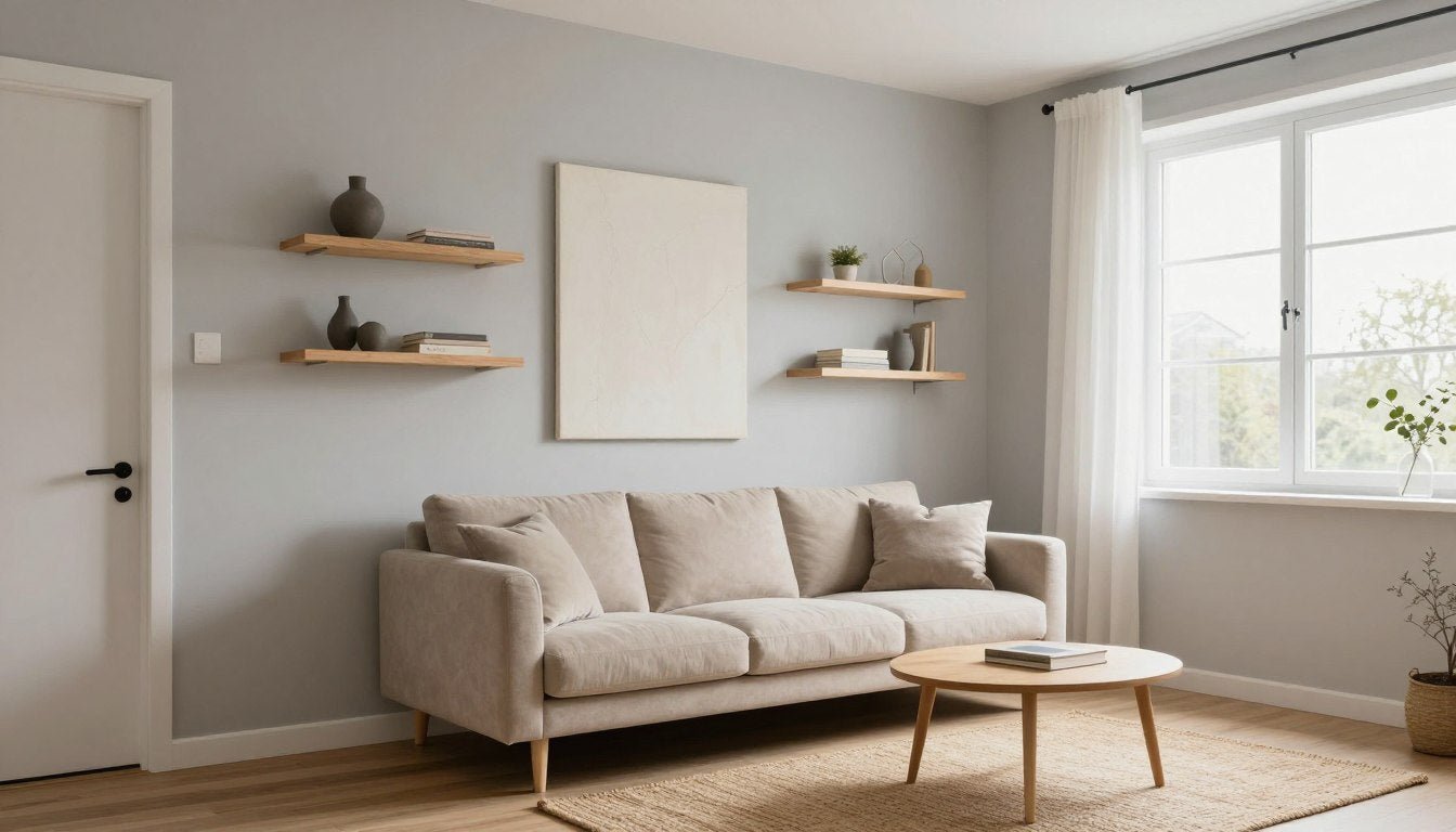 Modern small living room with budget-friendly decor featuring neutral tones and smart storage