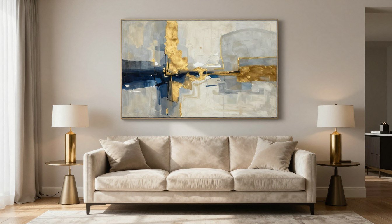 Elegant living room featuring luxury wall art above a modern sofa