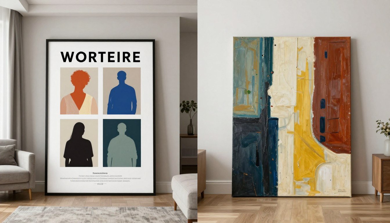 mass-produced wall art vs original art comparison in modern living room