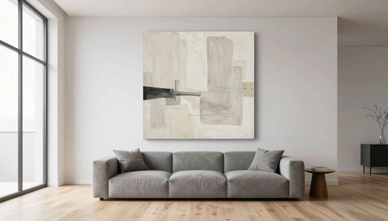 Minimalist living room with single large abstract wall art above modern sofa