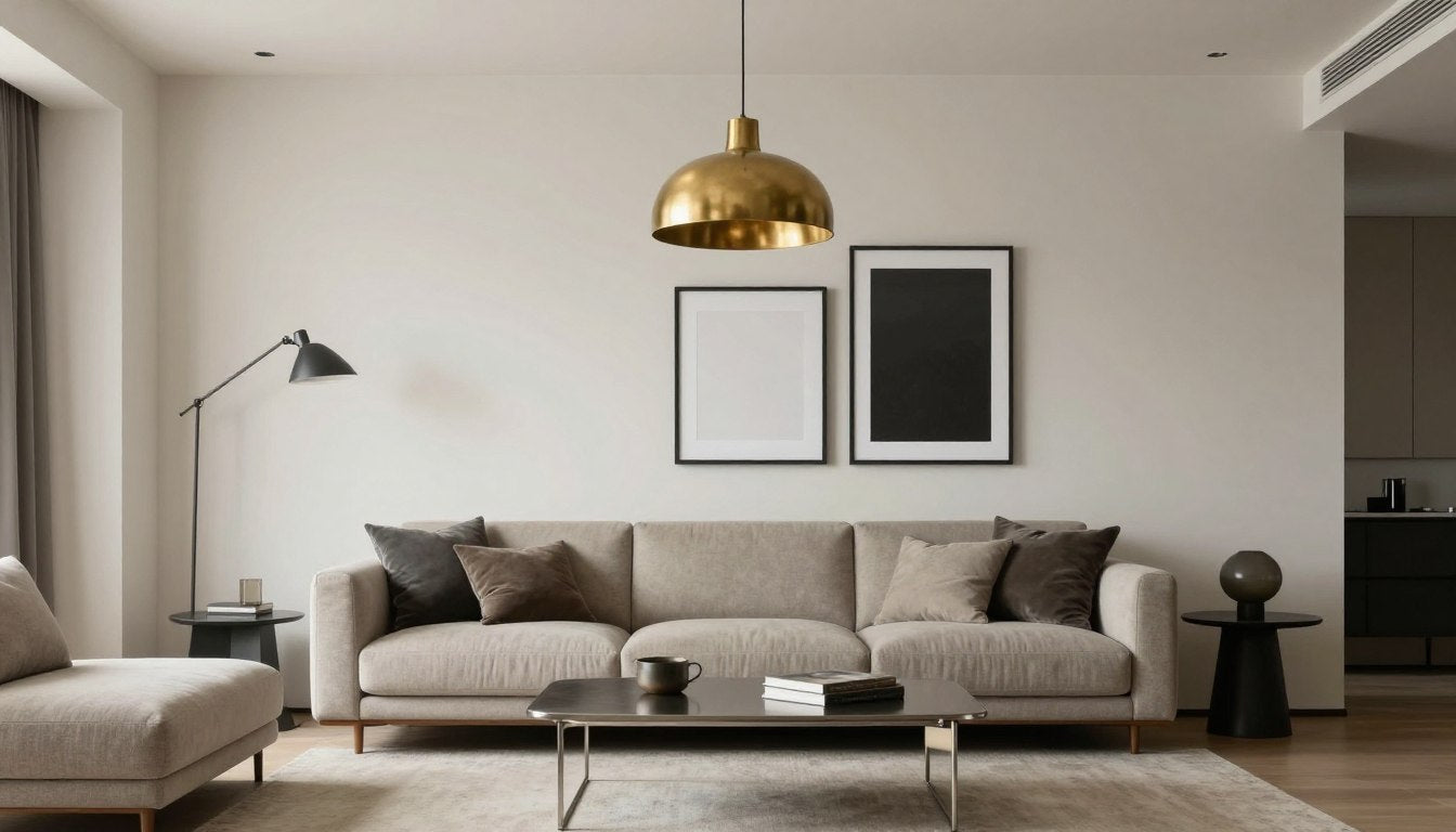 Living room with mixed metal finishes including brass lighting, chrome table, and matte black frames