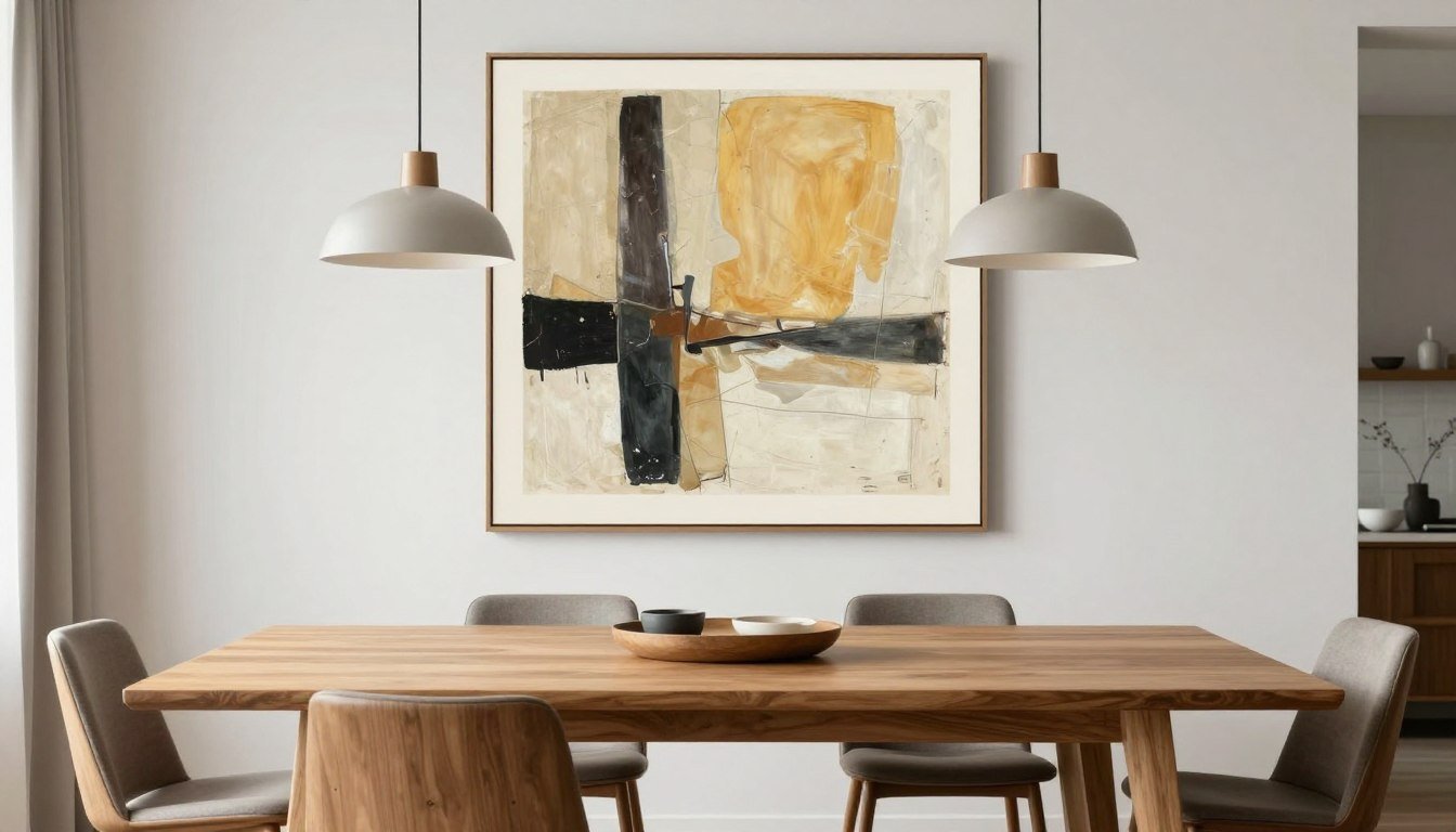 Modern dining room with large abstract canvas art above wooden table