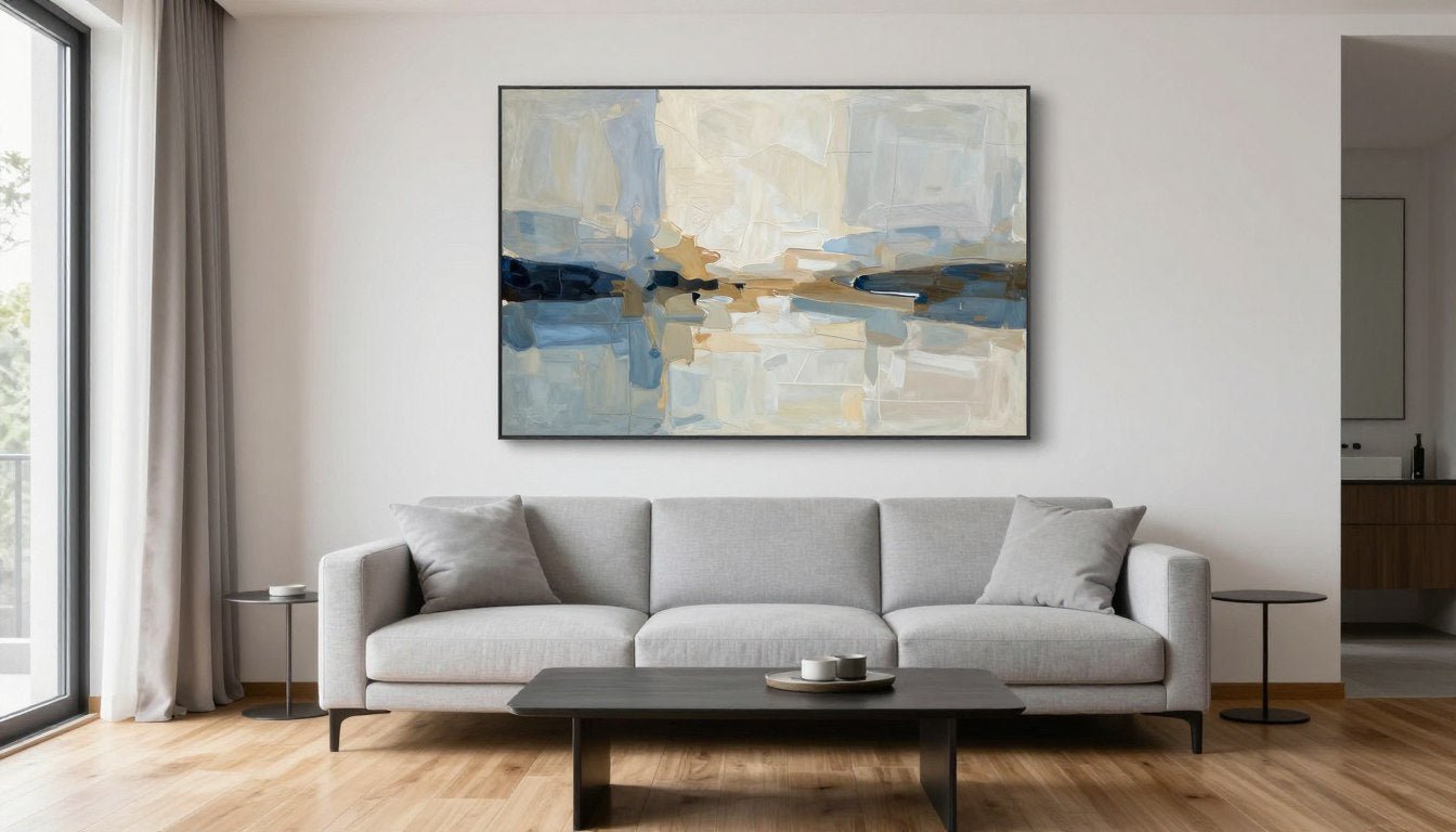 Modern living room with large abstract canvas art behind a neutral sofa