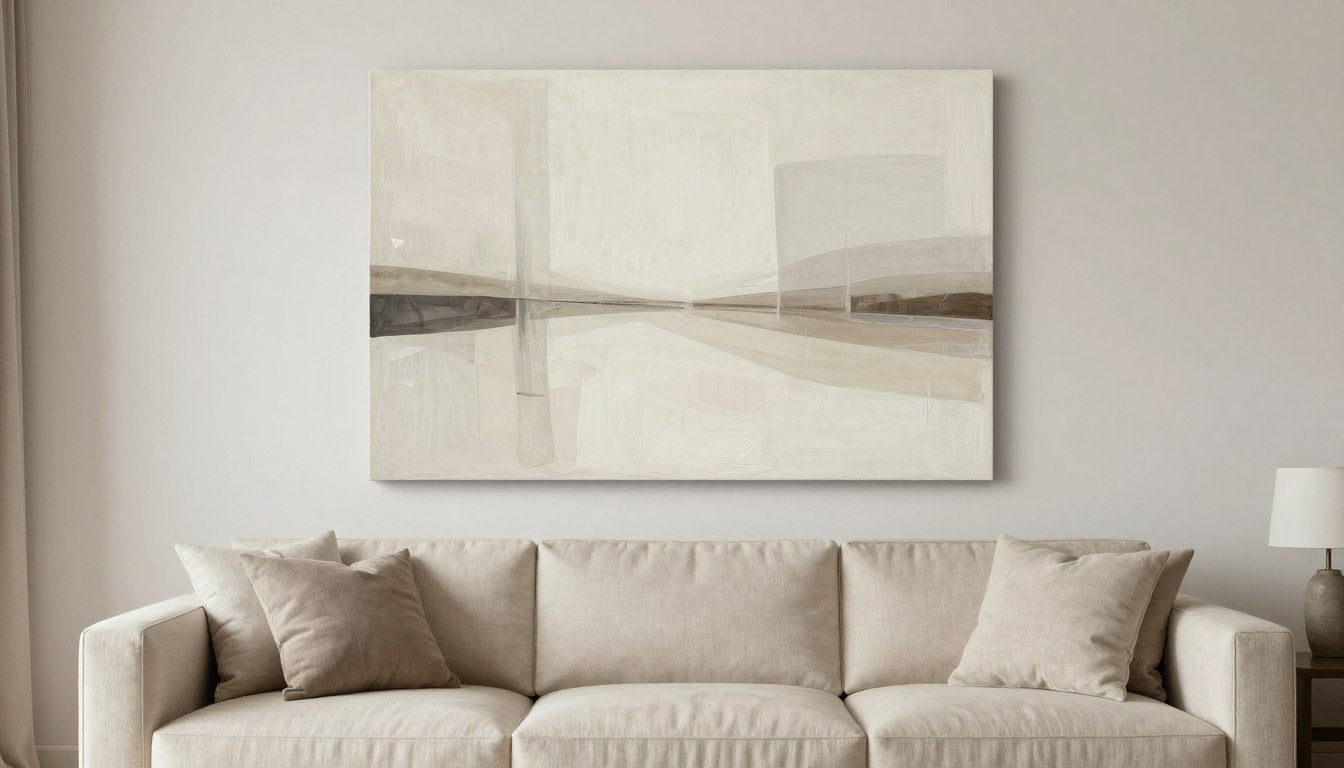 Elegant living room featuring neutral wall art above a beige sofa