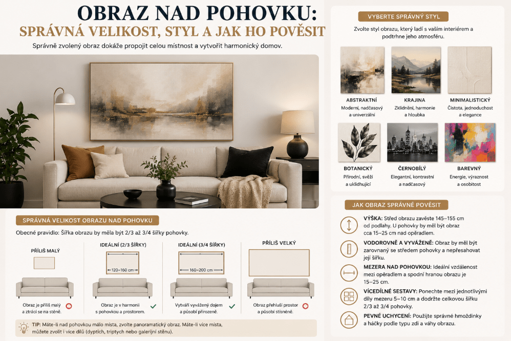 Obraz nad pohovku: správná velikost, styl a jak ho pověsit - Rossetti Art