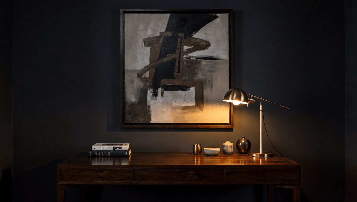 Office Wall Art – abstract canvas in hardwood floater frame above desk by Rossetti Art