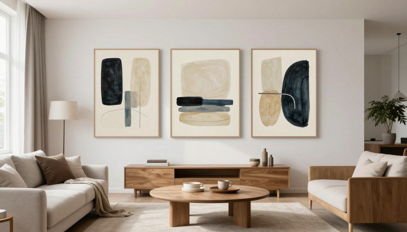 Originelle Wanddeko im modernen Wohnzimmer mit abstrakten Kunstdrucken