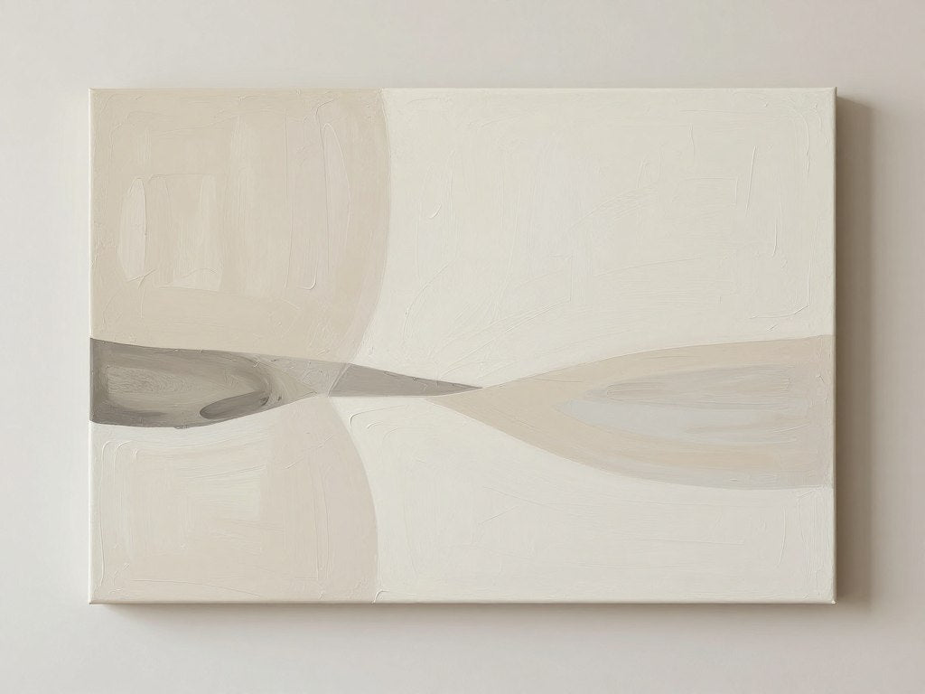 Minimalist abstract canvas print with soft neutral tones above bed