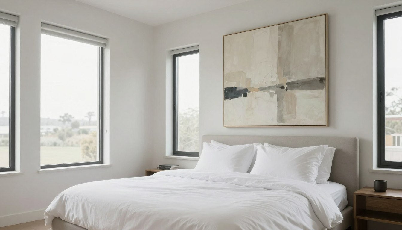 Oversized abstract canvas art above bed in minimalist bedroom
