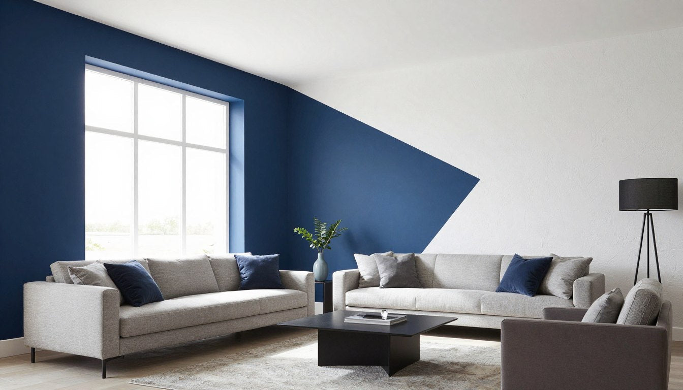 modern living room with creatively painted walls featuring geometric patterns and accent colors
