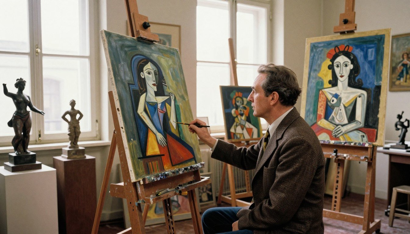 Pablo Picasso standing in his studio surrounded by colorful paintings and sculptures