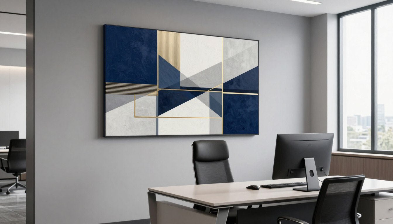 Abstract geometric canvas print in modern professional office setting with desk and natural light