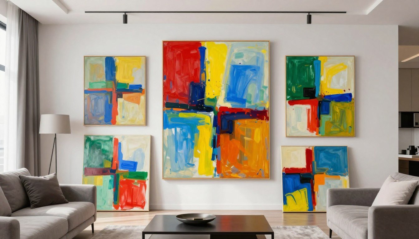 quadri astratti coloratissimi in soggiorno moderno