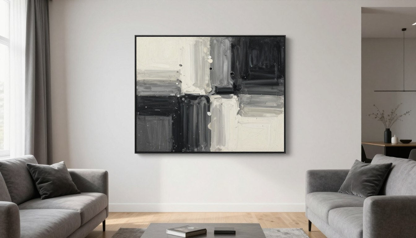 Quadri da parete moderni in soggiorno luminoso con divano grigio