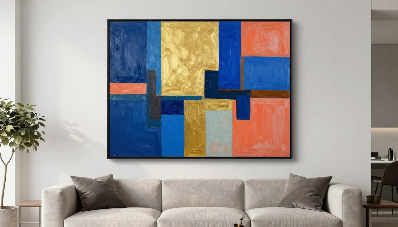 quadro astratto moderno con forme geometriche colorate in soggiorno contemporaneo