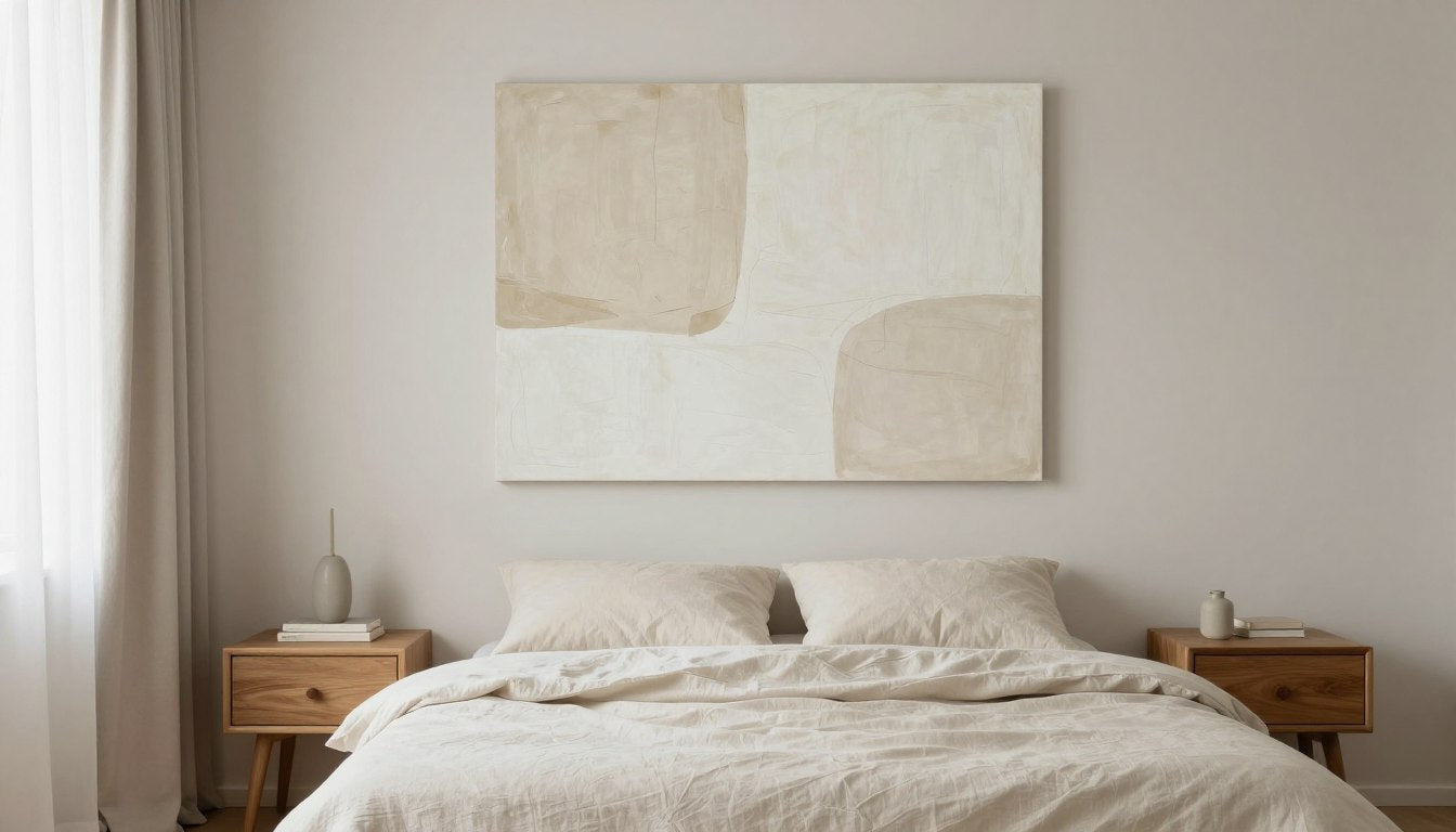 A calm neutral bedroom with soft abstract wall art above the bed, demonstrating relaxing spaces principles