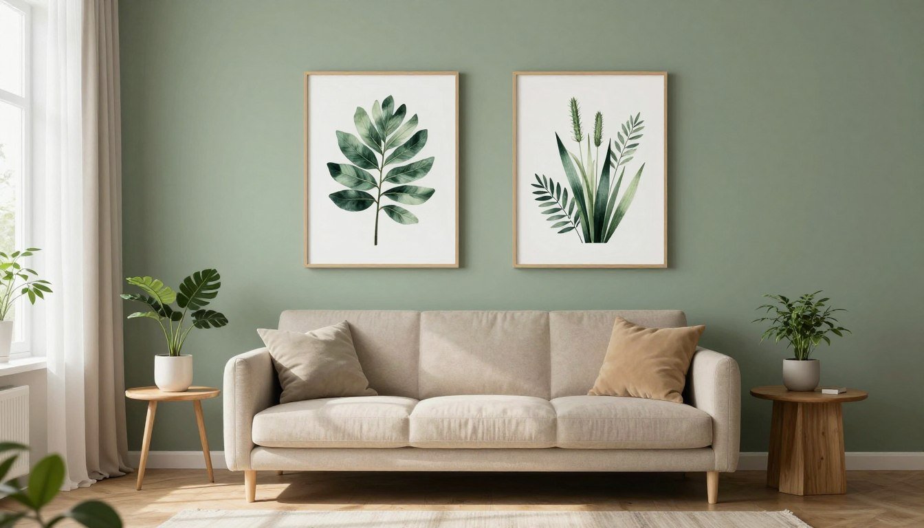 sage green wall art in modern living room with botanical prints
