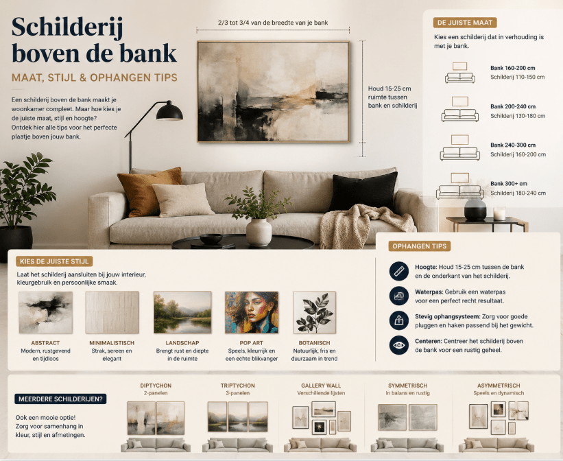 Schilderij boven de bank: maat, stijl & ophangen tips - Rossetti Art