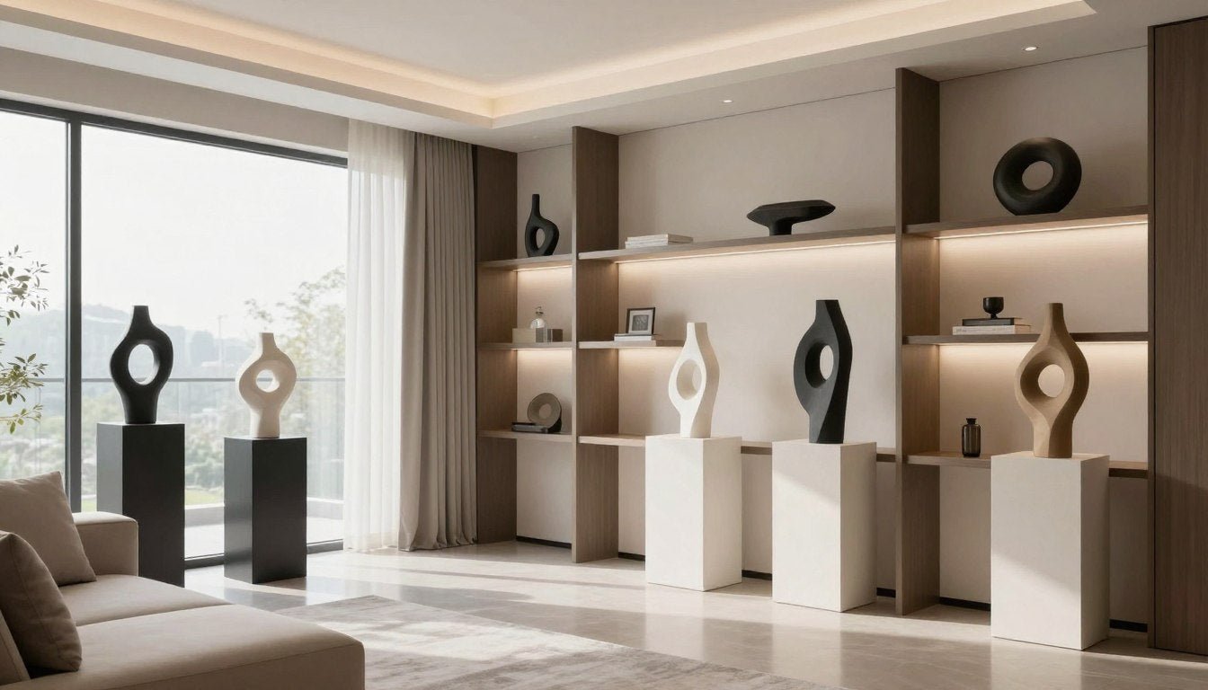 modern sculptures displayed in contemporary home interior