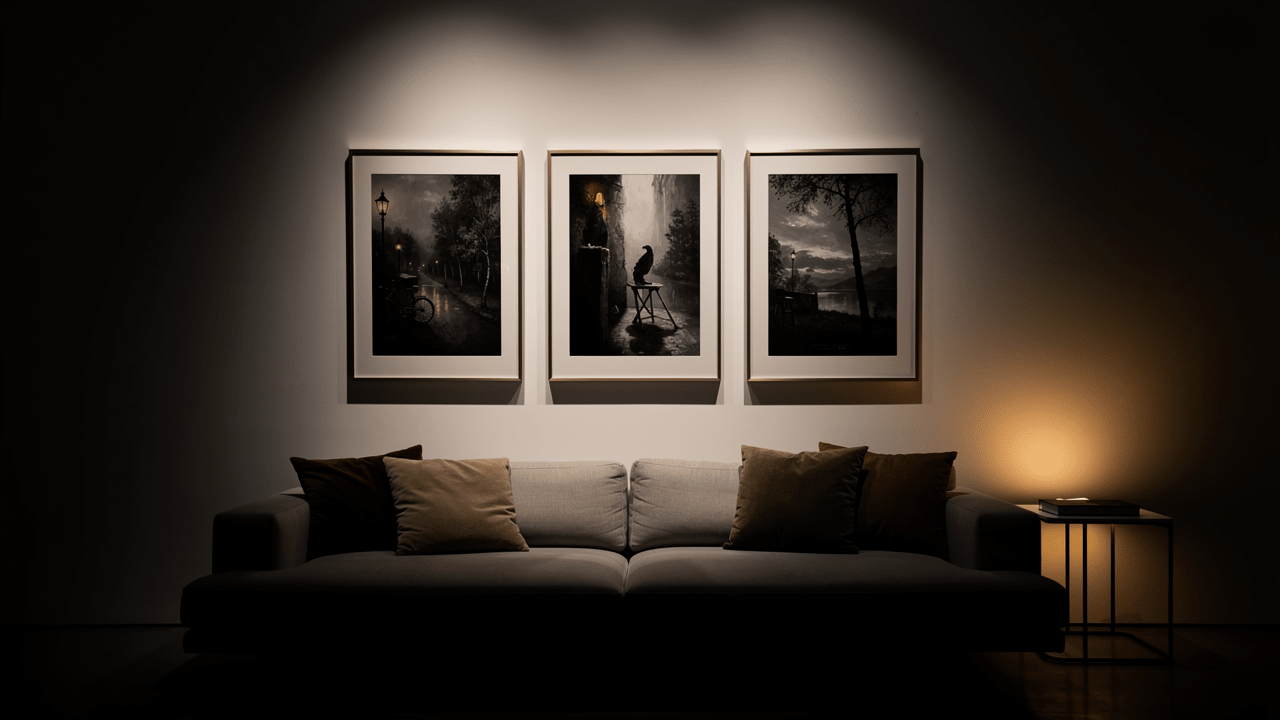 Set of 3 framed canvas prints hung above a sofa in a modern living room — Rossetti Art