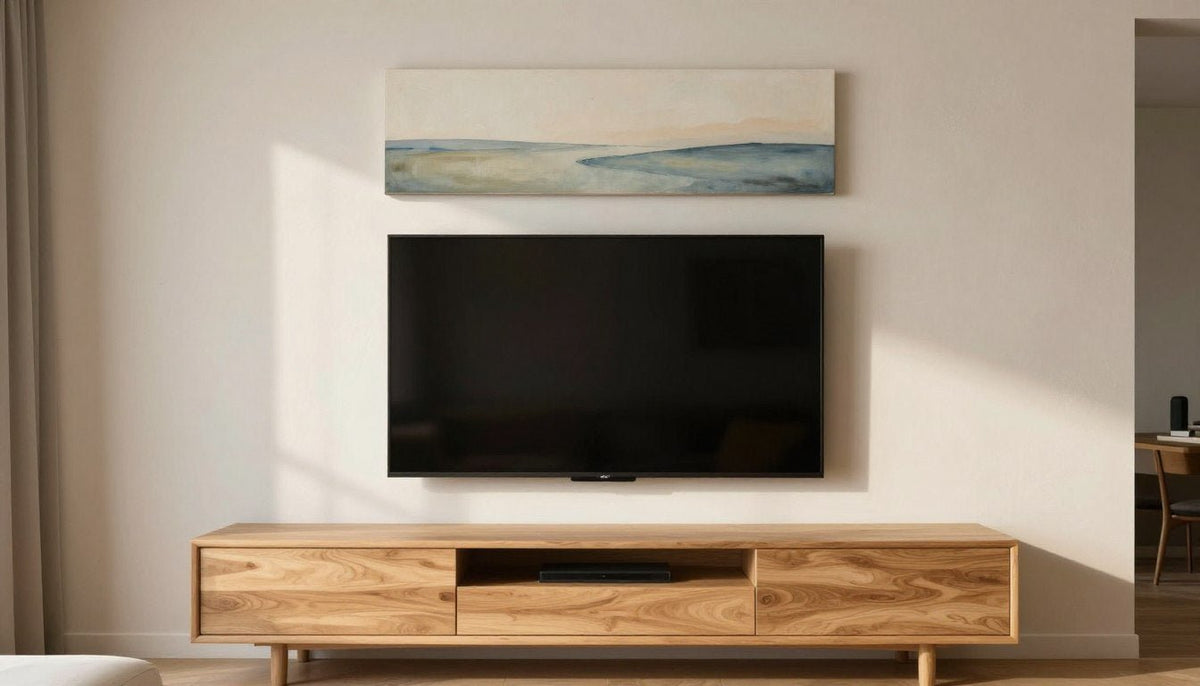 A mounted flat-screen television with a wide horizontal landscape canvas centered neatly above it on an off-white wall.