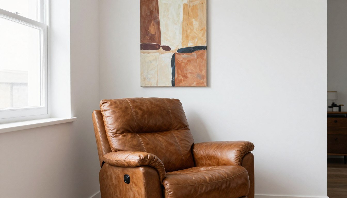compact recliner in small corner with vertical canvas art above