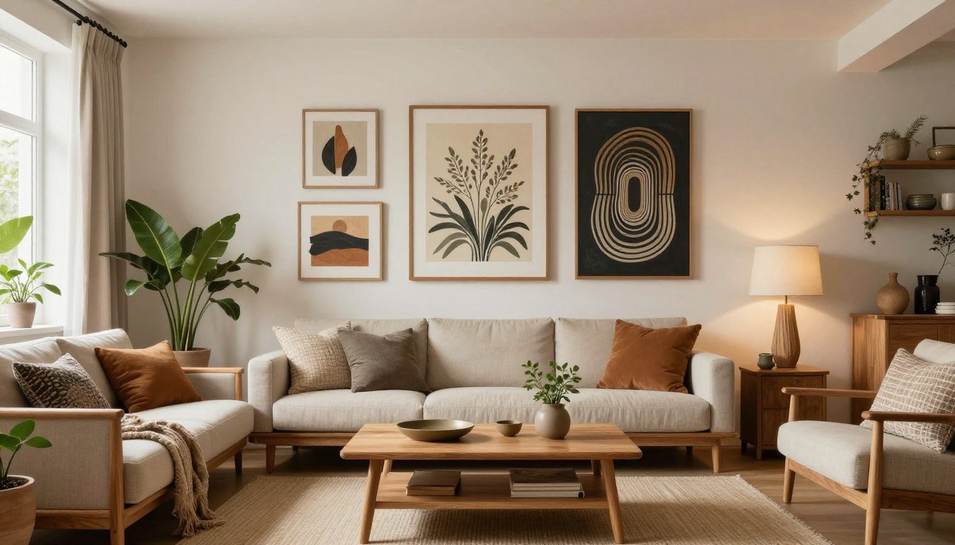 Modern living room showcasing sociocultural interior design trends 2026 with diverse art pieces and natural materials