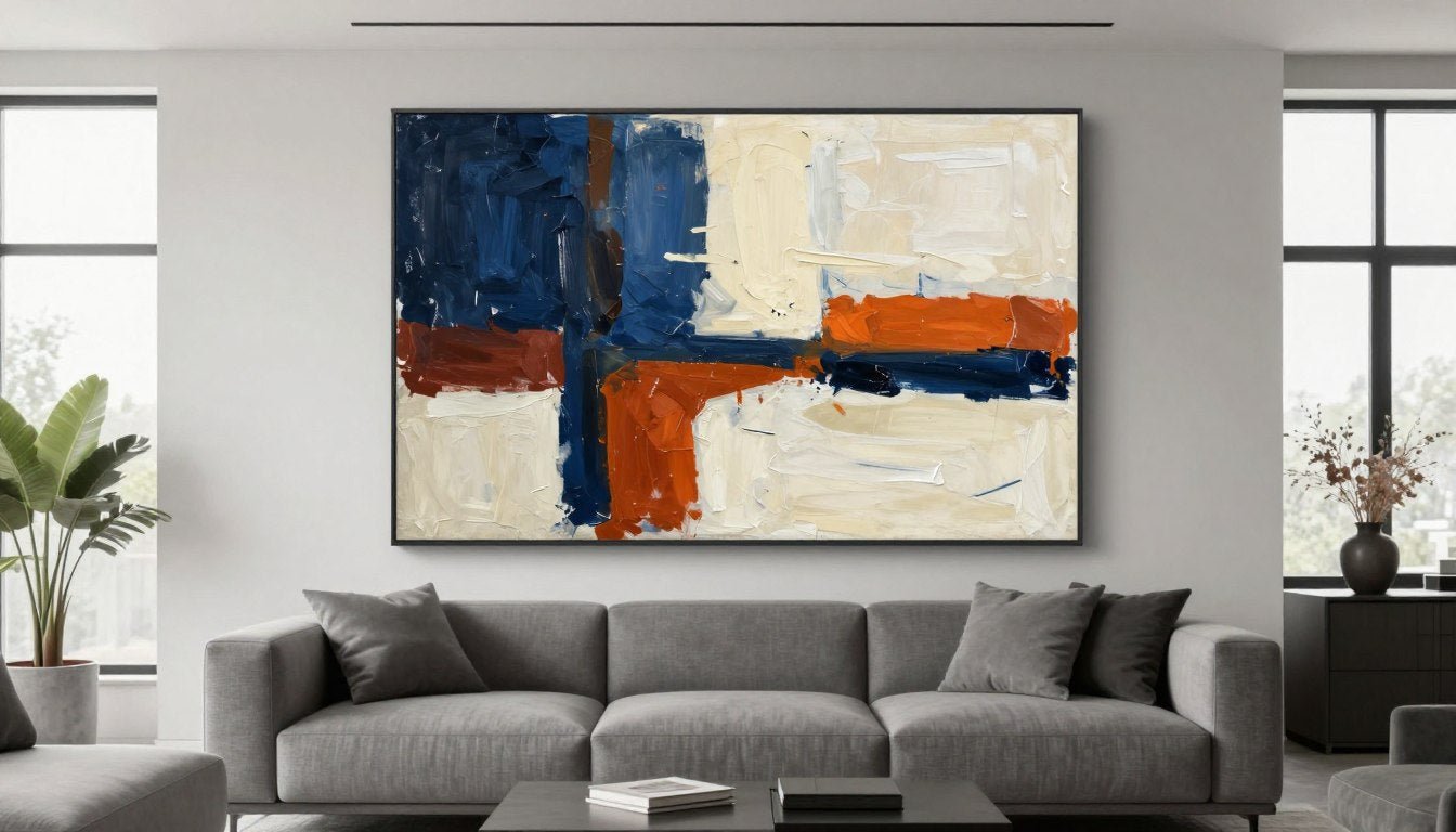 Large statement abstract wall art canvas in modern living room with bold colors