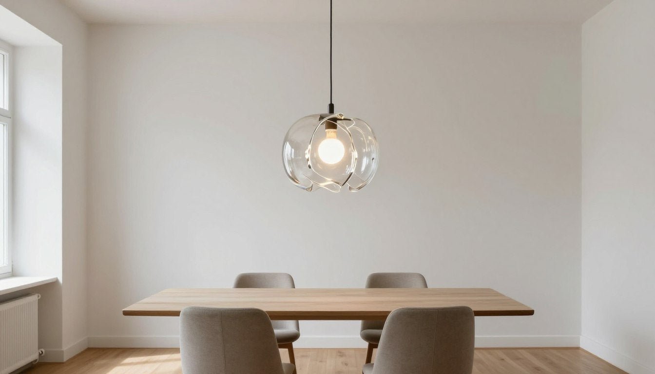 A dramatic pendant light with organic glass shapes hanging in a minimal dining room