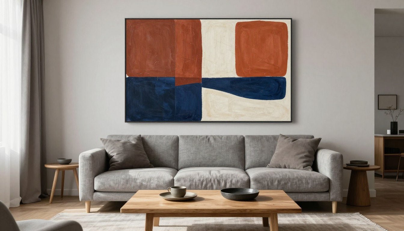 Modern living room with large abstract canvas art above grey sofa