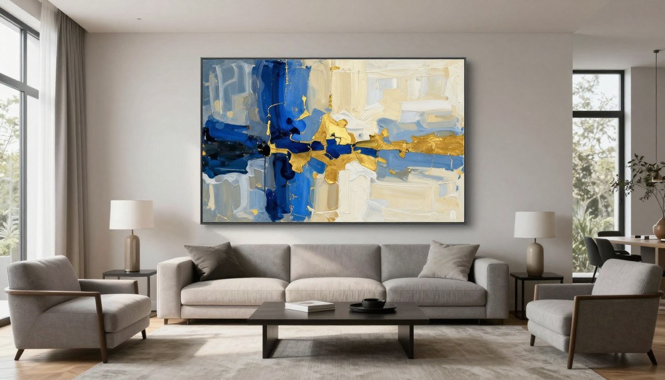 Large abstract canvas print in modern living room above sofa