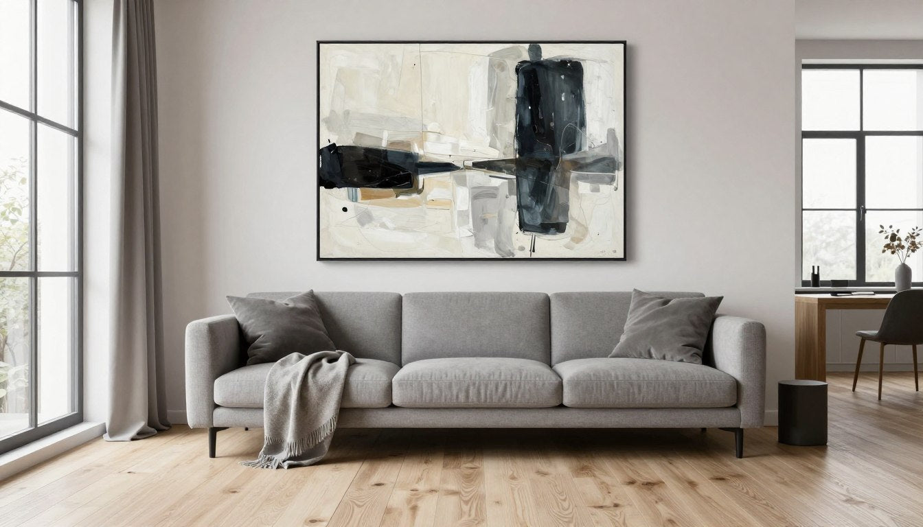 Stora tavlor 100x150 cm i modernt vardagsrum med neutral färgpalett