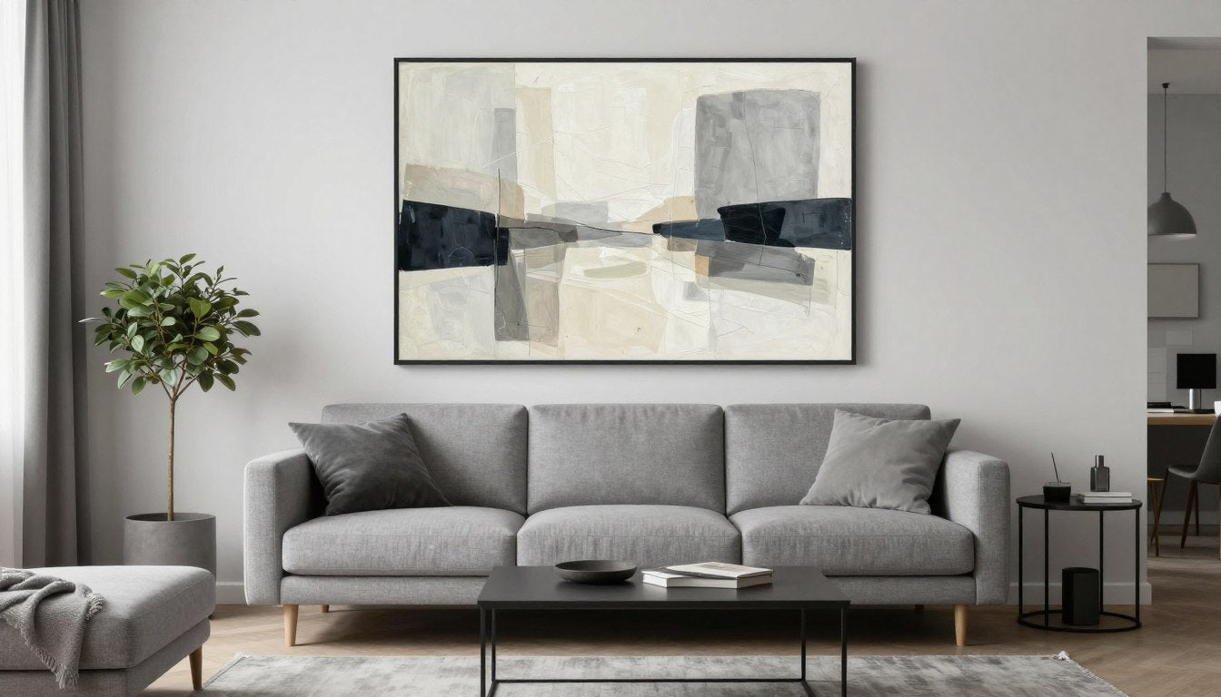 Store bilder til vegg over sofa i moderne stue med nøytrale farger