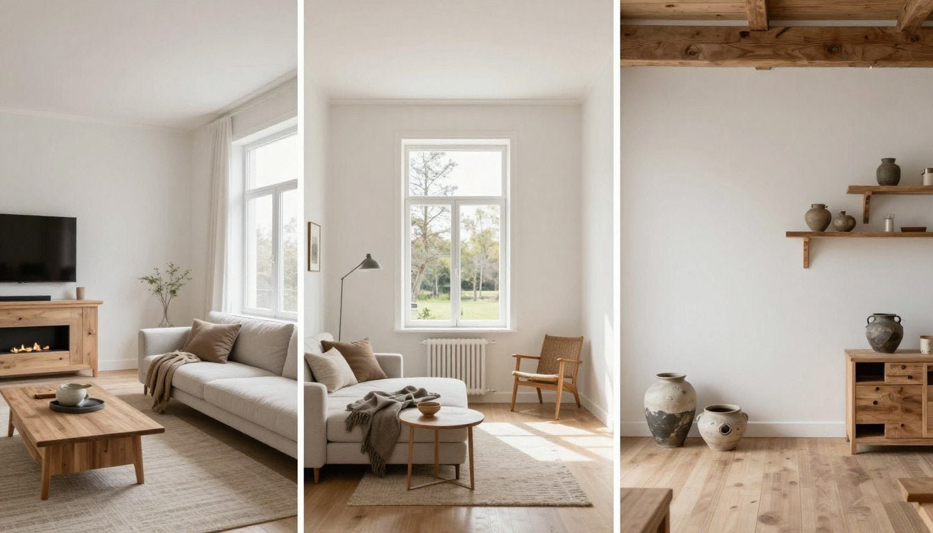 Comparison of four interior design styles showing Japandi, Scandinavian, Farmhouse, and Wabi-Sabi aesthetics