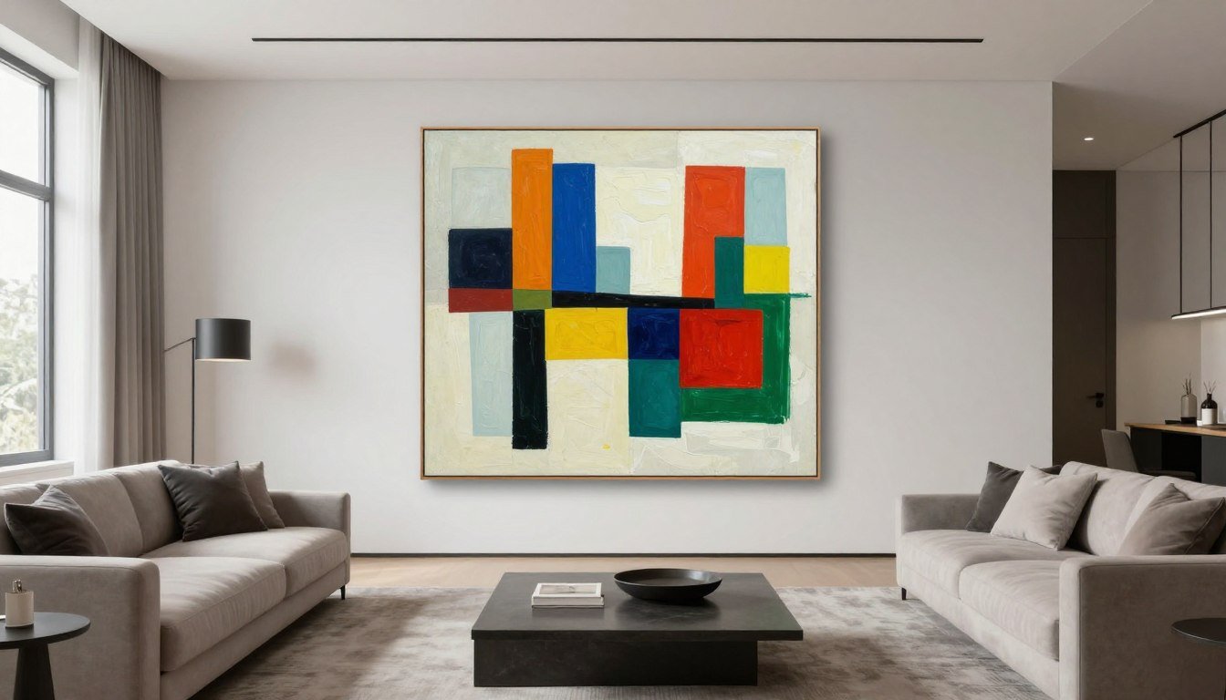 tableau abstrait moderne avec formes géométriques colorées dans salon contemporain