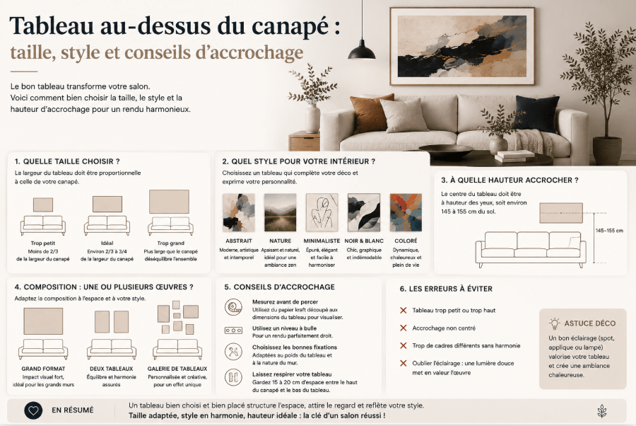 Tableau au-dessus du canapé : taille, style et conseils d’accrochage