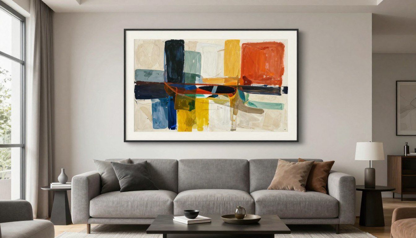 Salon moderne avec tableau abstrait coloré au-dessus du canapé
