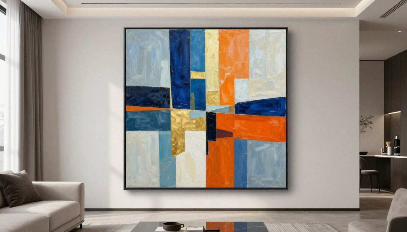 tableau toile abstrait moderne avec formes géométriques colorées dans salon contemporain