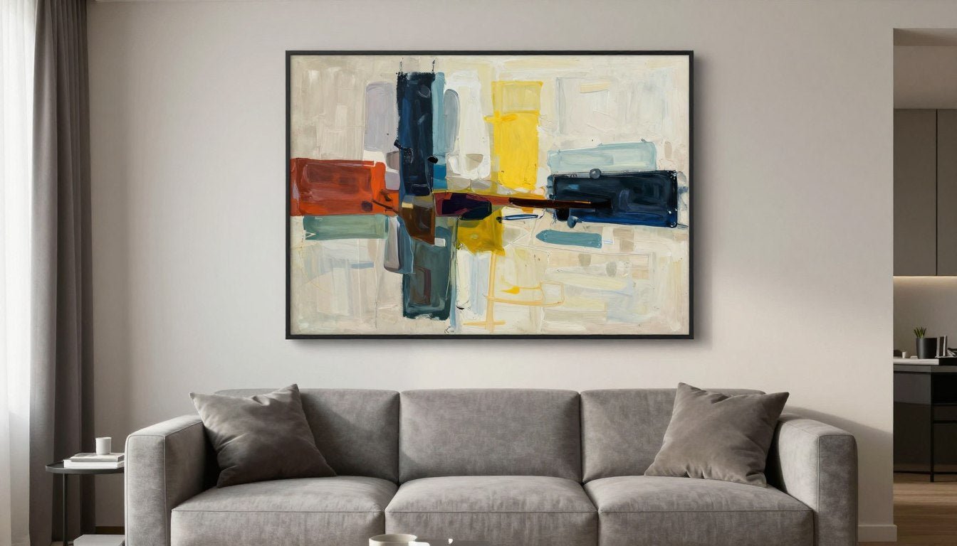 Salon moderne avec tableau abstrait coloré au-dessus d'un canapé gris