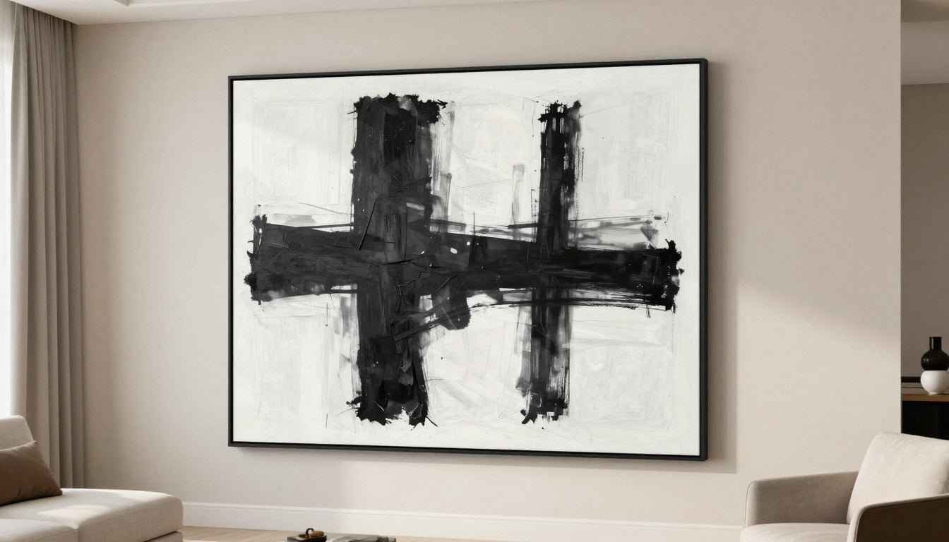 Living room with limewash walls featuring large-scale black and white abstract art with proper lighting
