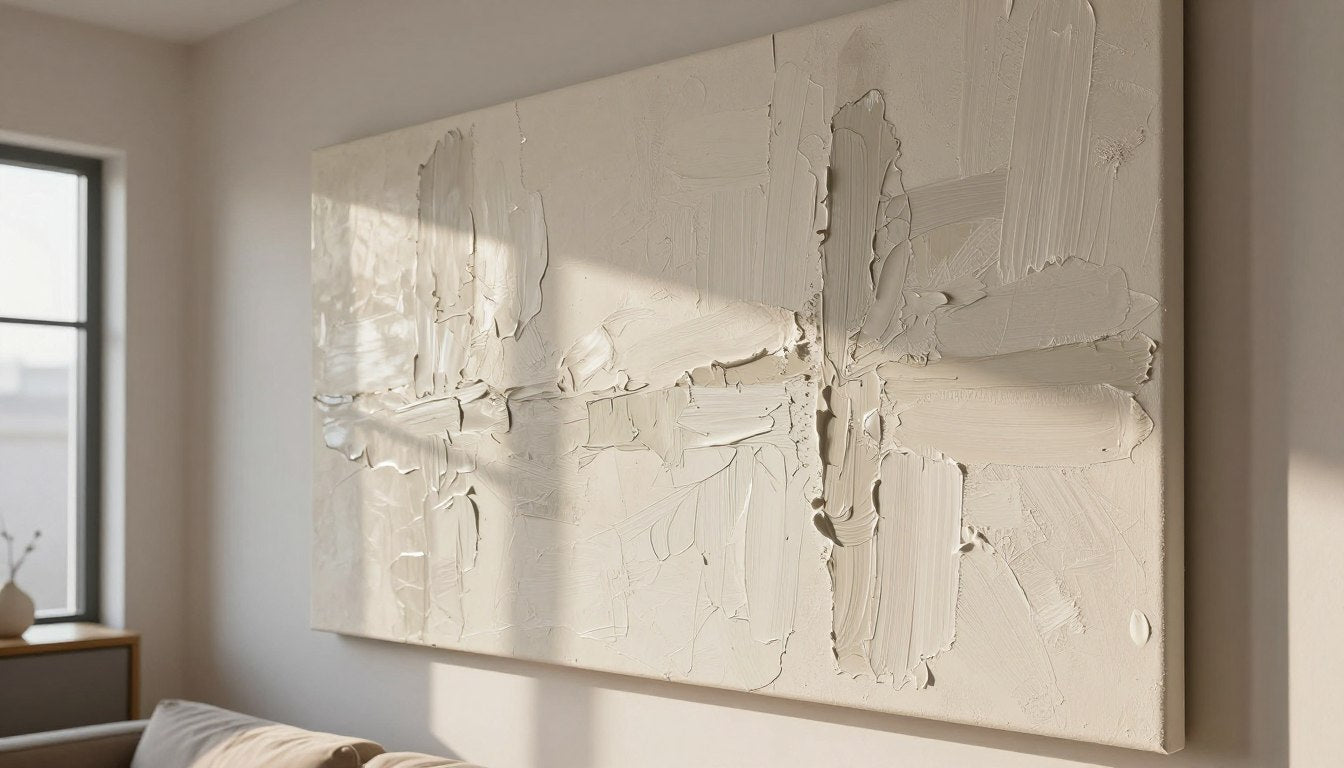 Textured wall art for living room with dimensional brushstrokes catching natural light