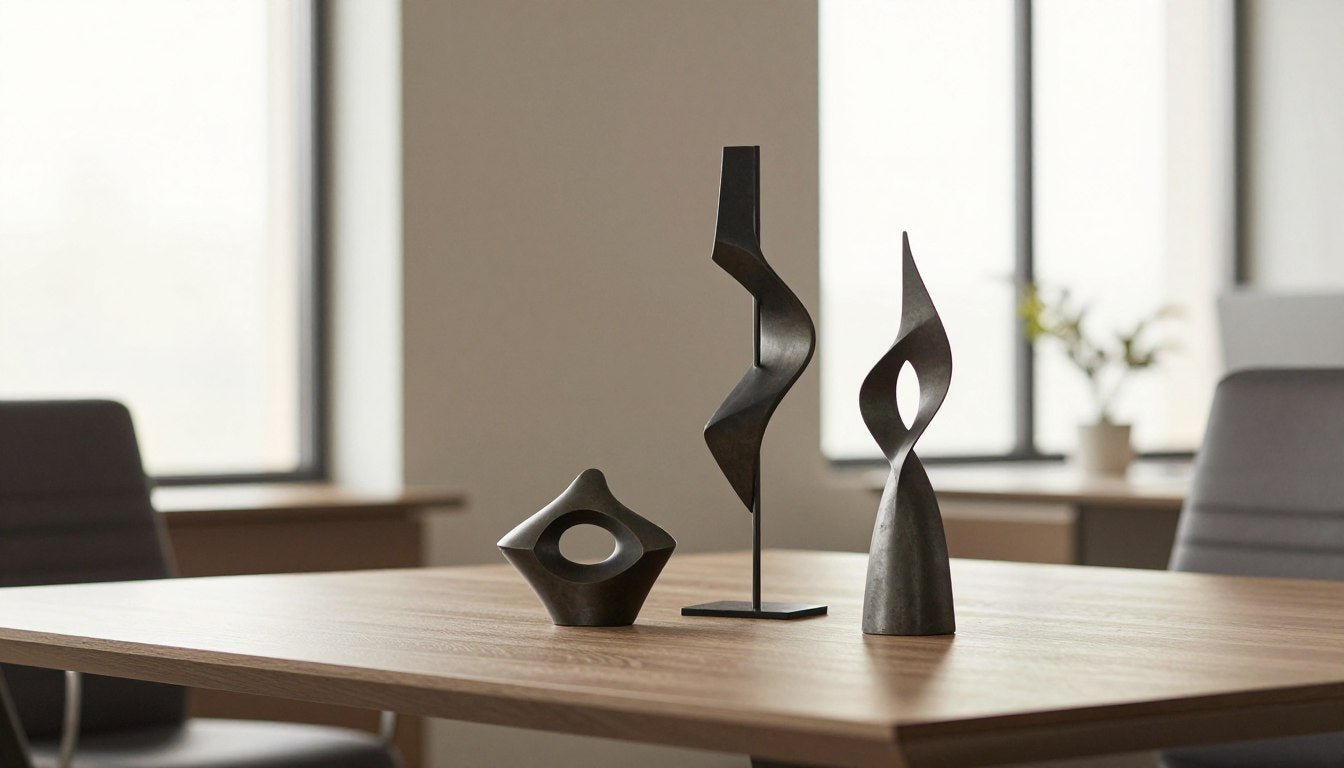 Modern tabletop sculptures styled on office desk with natural lighting
