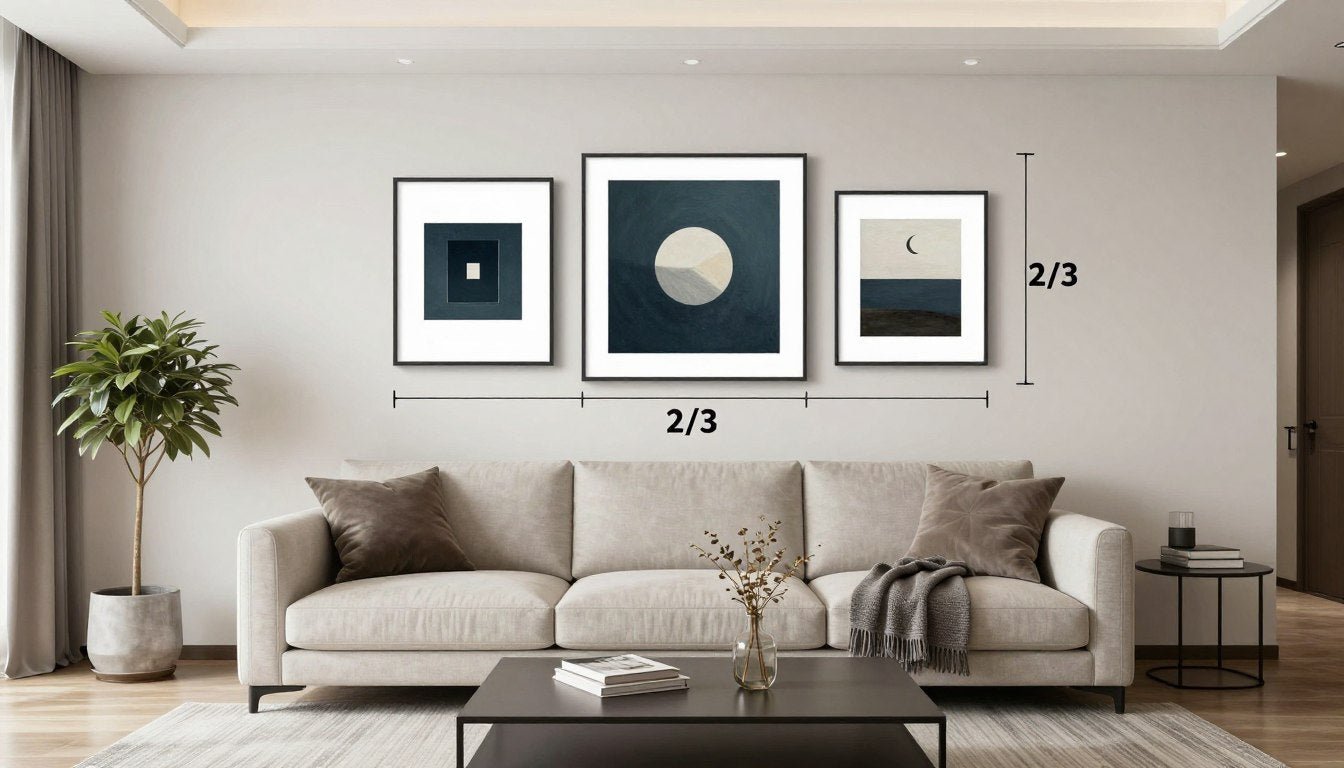 Living room wall art size guide showing proper placement above sofa