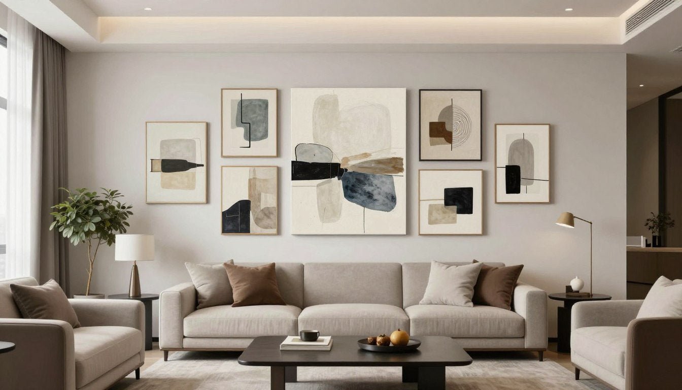 Gallery wall featuring multiple canvas prints in modern living room